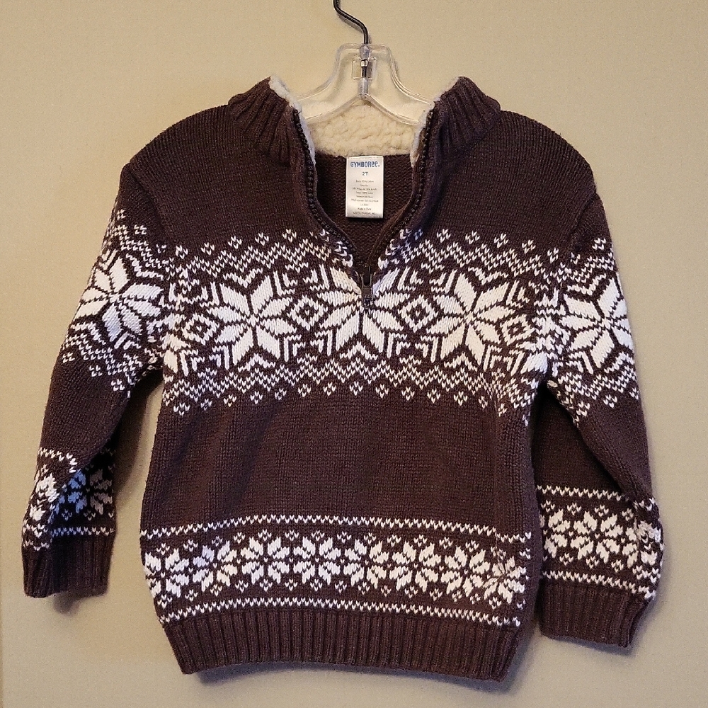 Brown/white knit pullover sweater with snowflake design